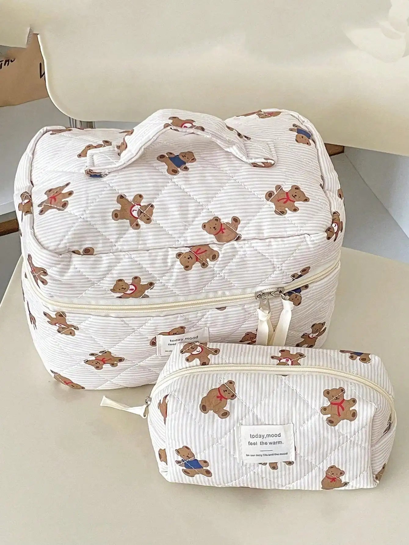 1 piece/set of striped bear quilted makeup bag, portable storage makeup bag, cute bear makeup bag, multifunctional makeup bag