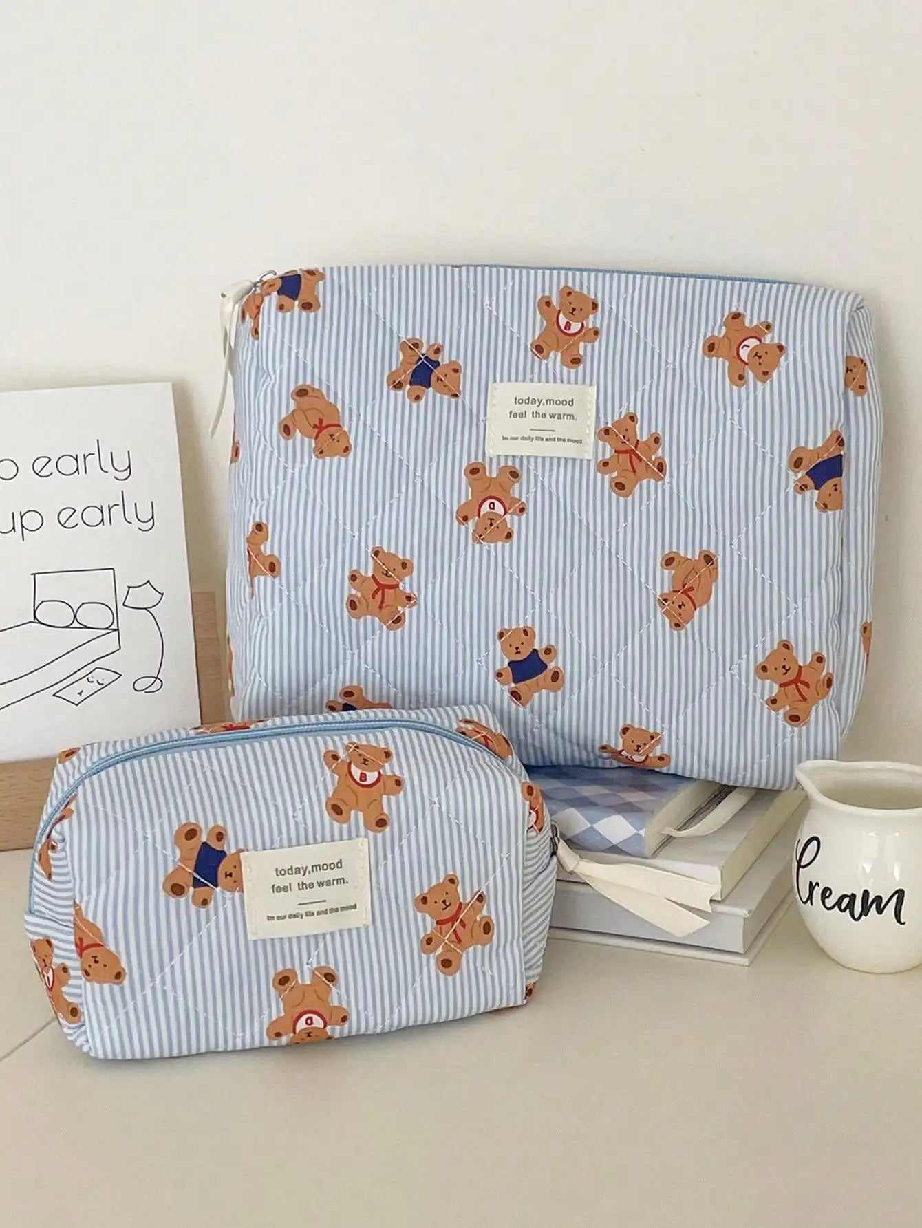 1 piece/set of striped bear quilted makeup bag, portable storage makeup bag, cute bear makeup bag, multifunctional makeup bag
