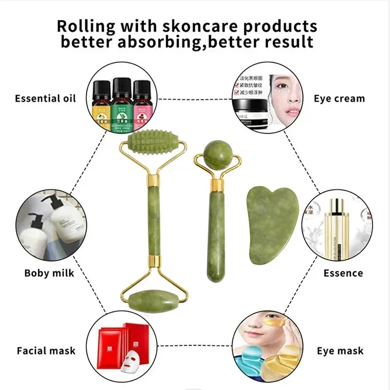 Jade Gua Sha & Face Roller Set — Facial Lifting & Sculpting Tools
