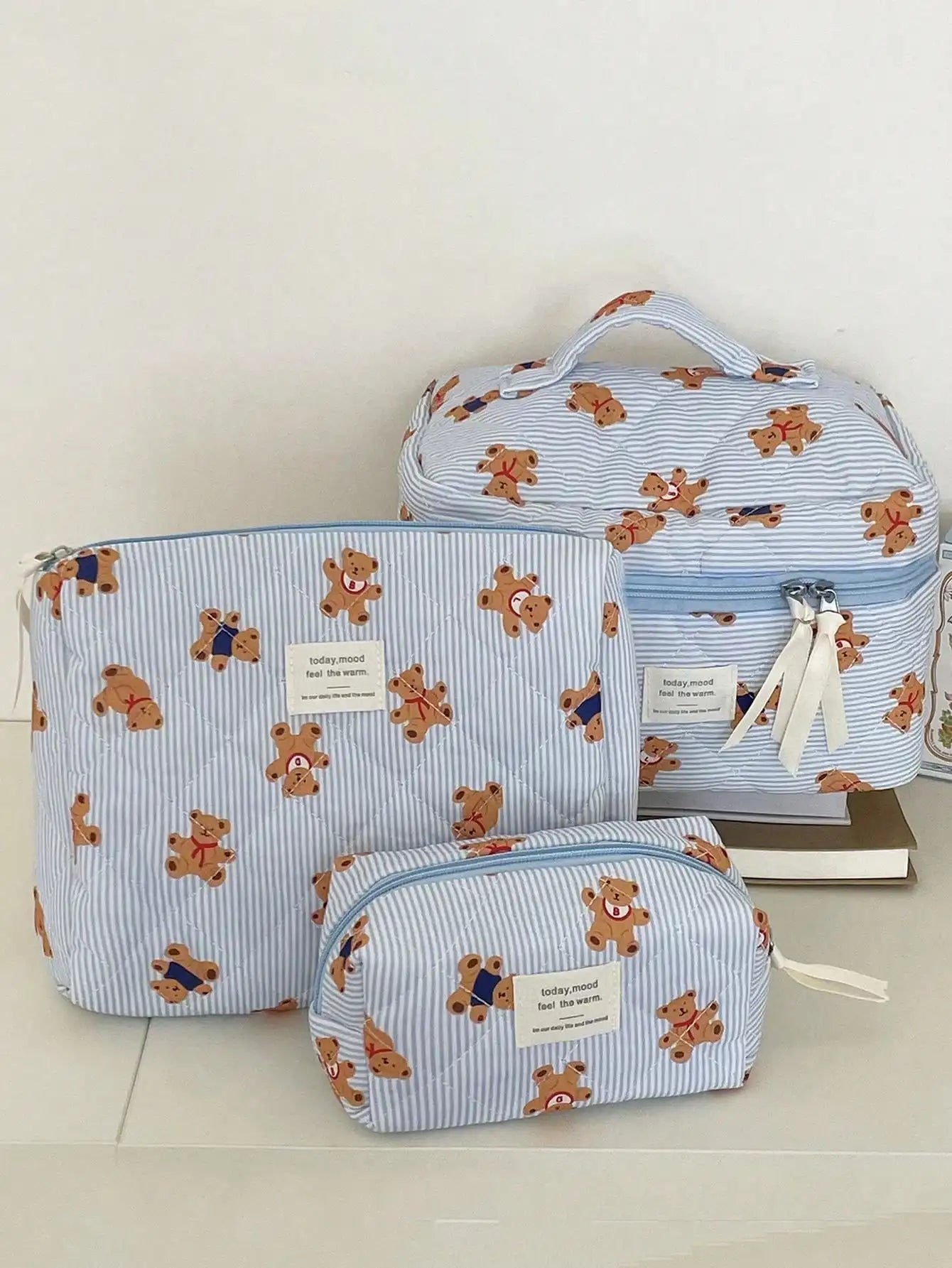 1 piece/set of striped bear quilted makeup bag, portable storage makeup bag, cute bear makeup bag, multifunctional makeup bag