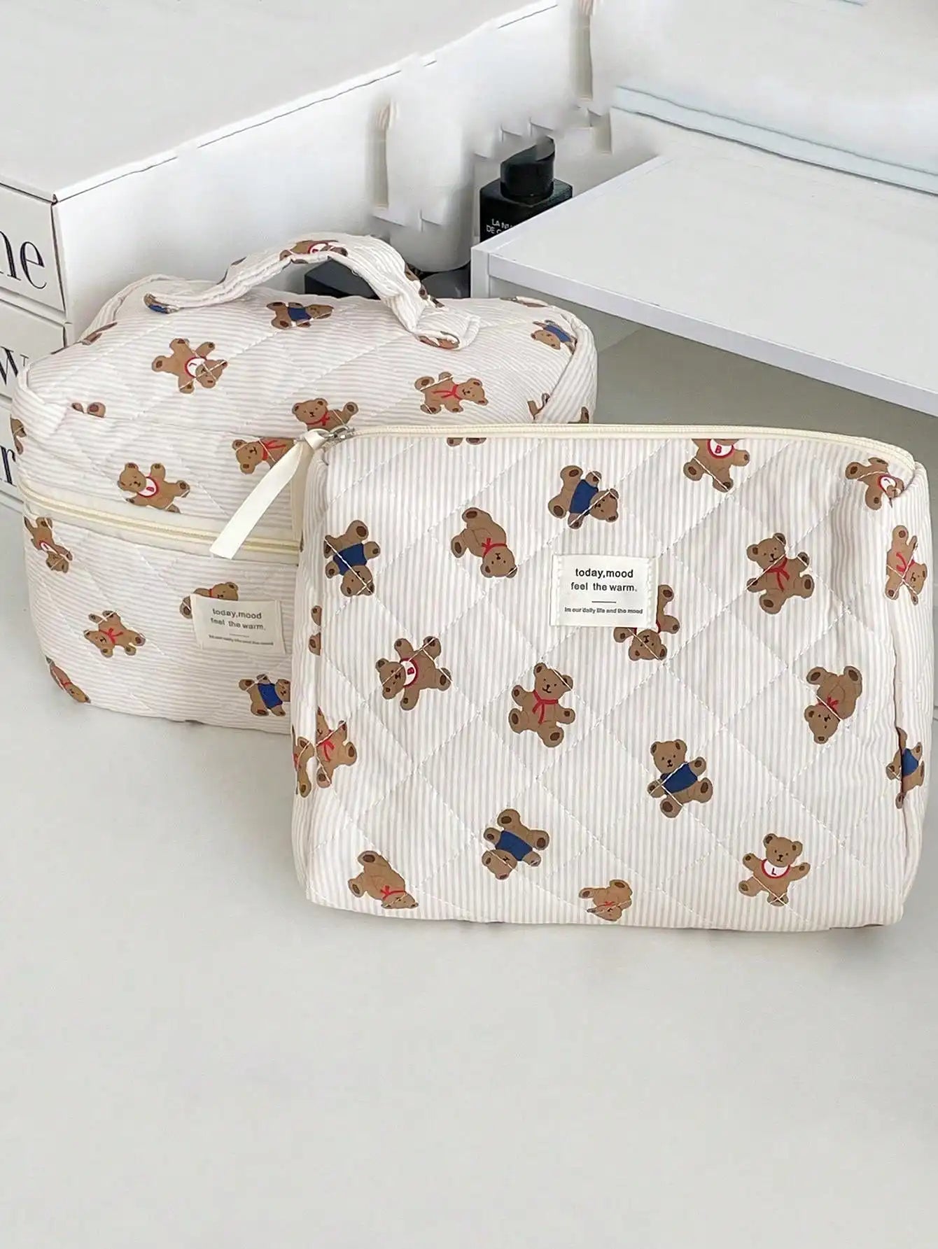 1 piece/set of striped bear quilted makeup bag, portable storage makeup bag, cute bear makeup bag, multifunctional makeup bag